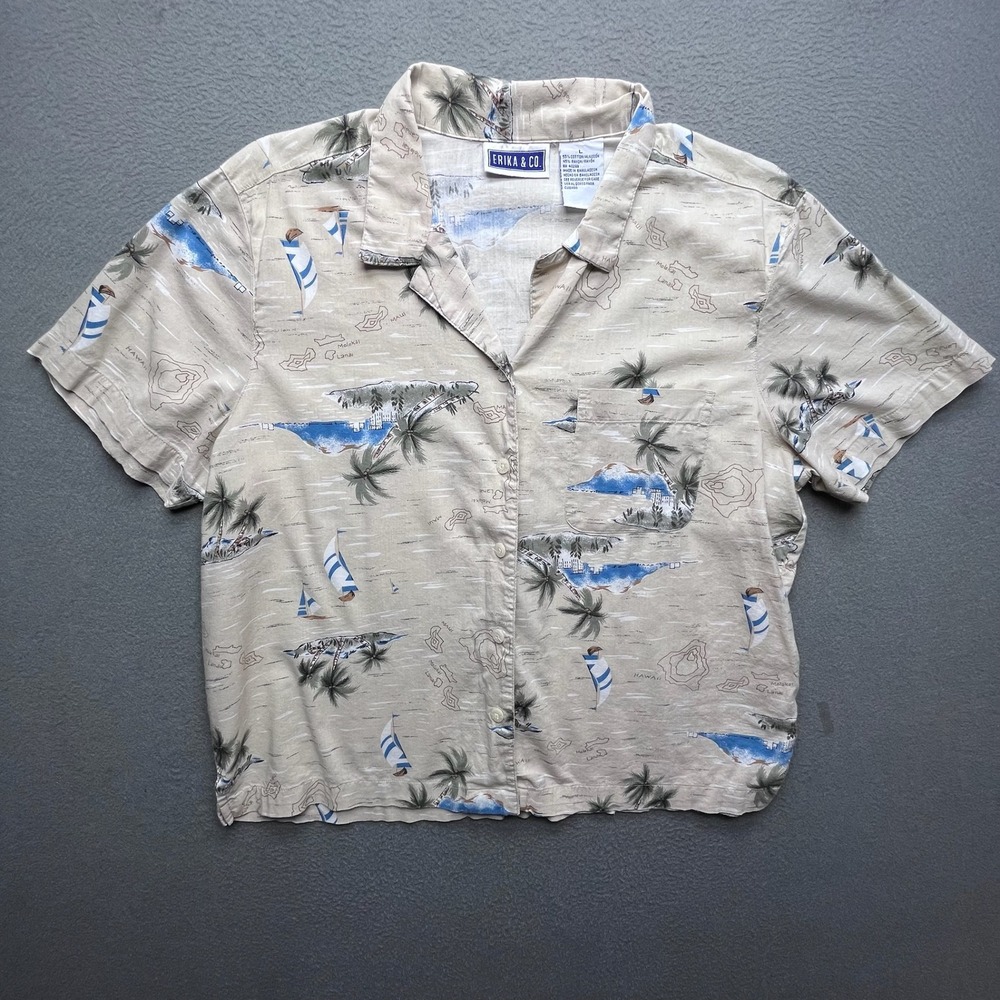 Erika & Co Women Button Up Shirt Cotton Rayon Tan Tropical Island Large Vintage